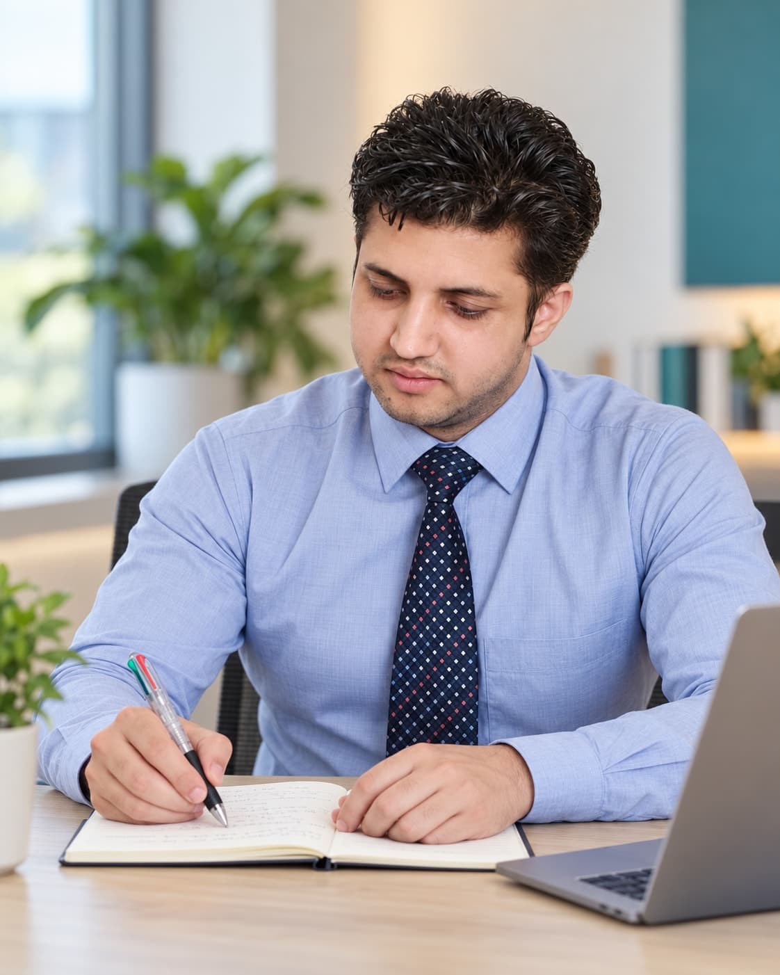 IVAANTA Tech founder writing project plans in a notebook, in an AI-enhanced workspace